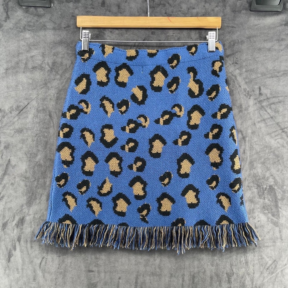 Moon River Blue Leopard Print Knit Mini Skirt Fringe Hem Wool Blend Medium NWT